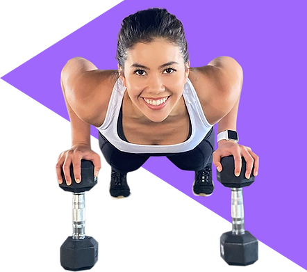 Trainer smiling as she does push-ups with weights in her hands.