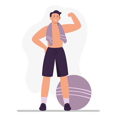 Digital art of man flexing his arm next to balance ball.